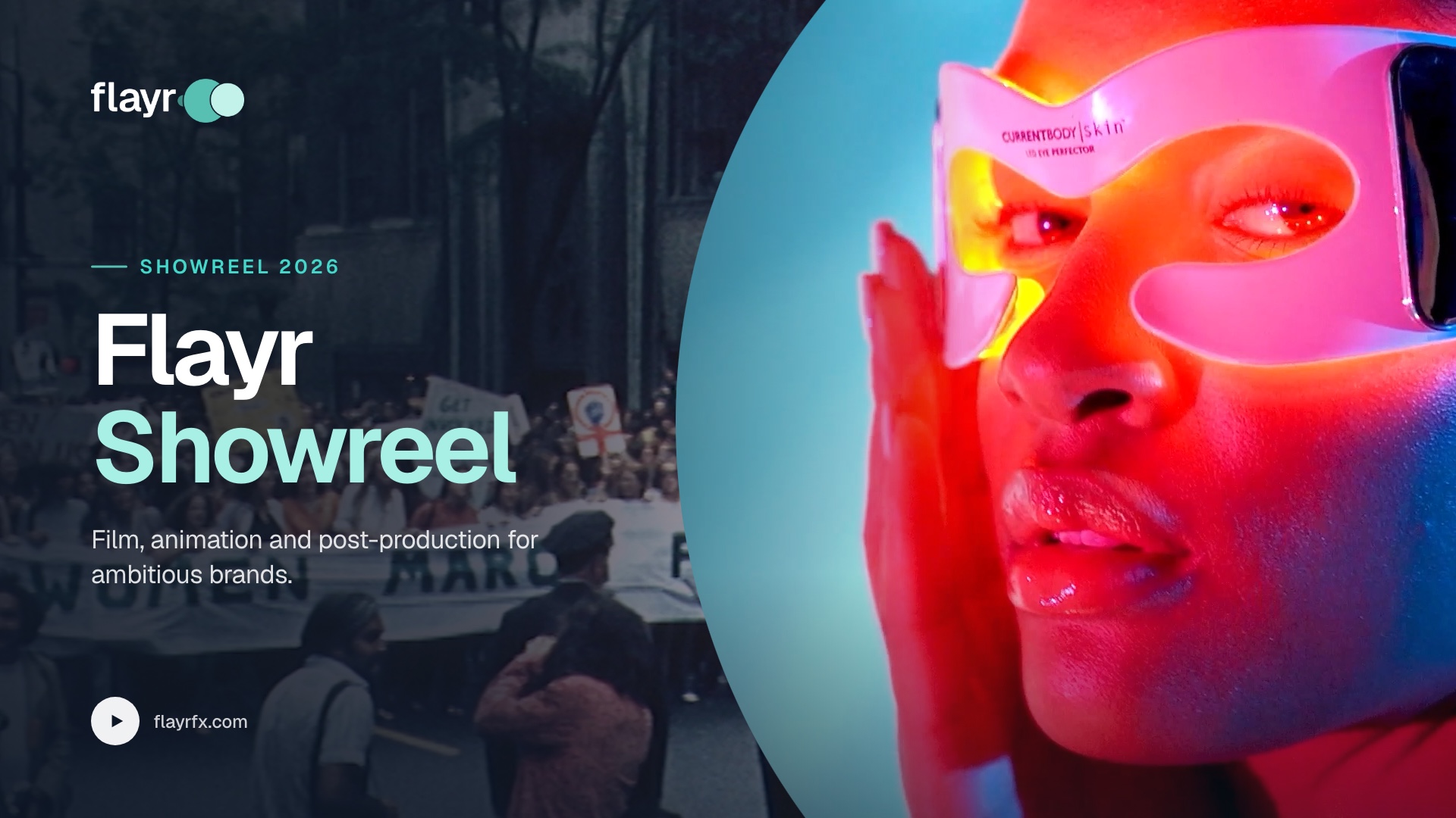 Play the general showreel: frames from a women’s march and a portrait lit in red and blue